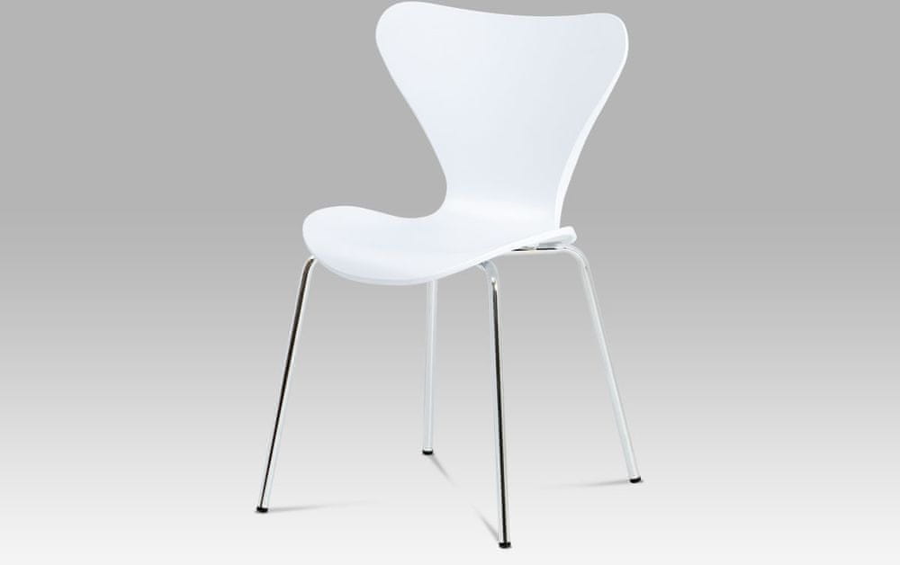 Autronic Jedálenská stolička, biely plastový výlisok s dekorom dreva, kovová chrómovaná štvornohá AURORA WT